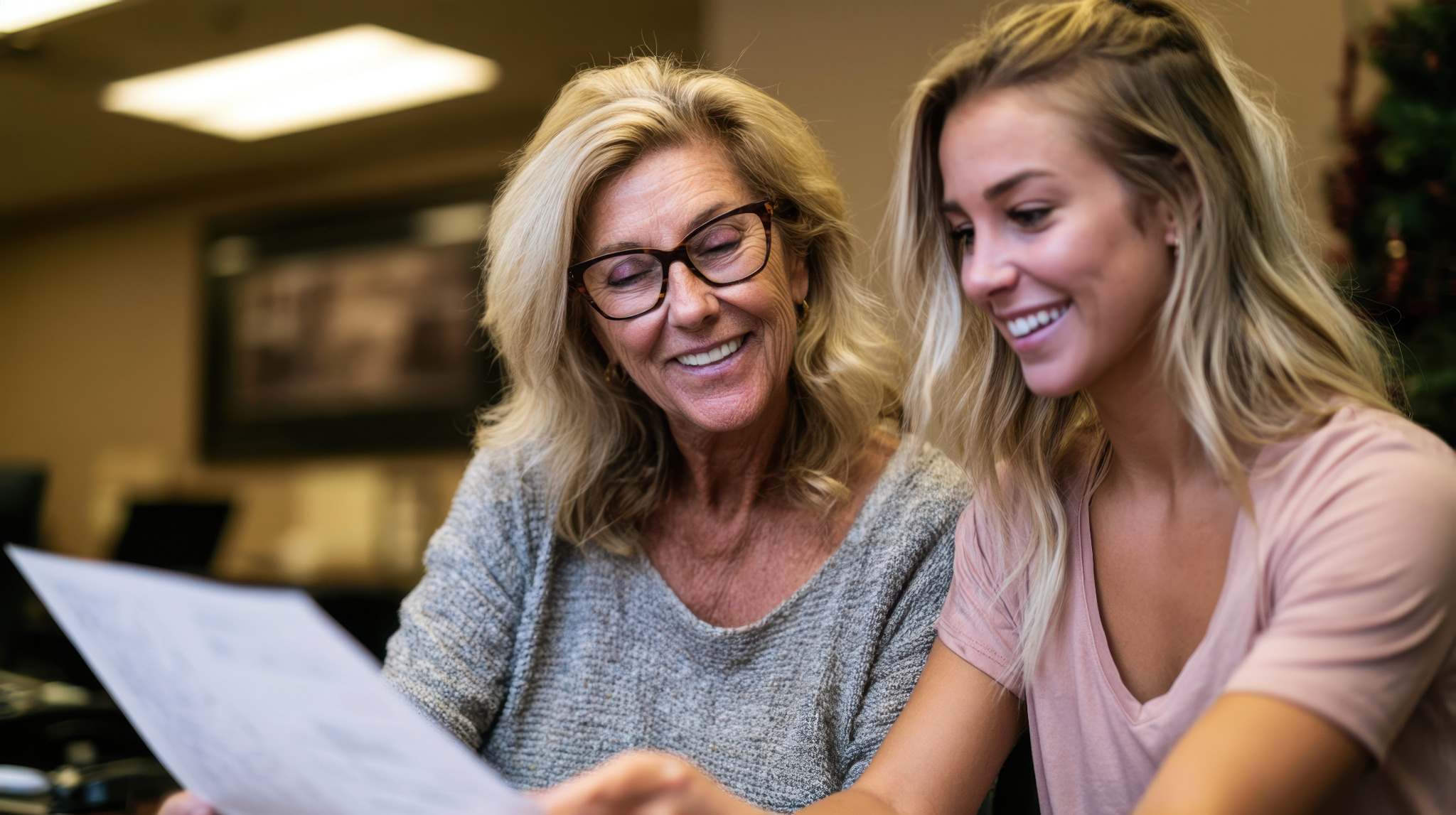Older and younger women reviewing a document together